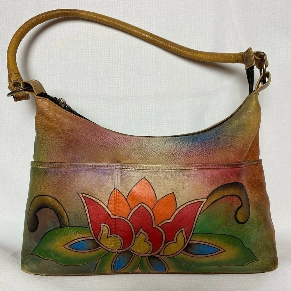 Anuschka Gorgeous Hand Painted Medium Zip Top Genuine Brown Leather Hobo Bag